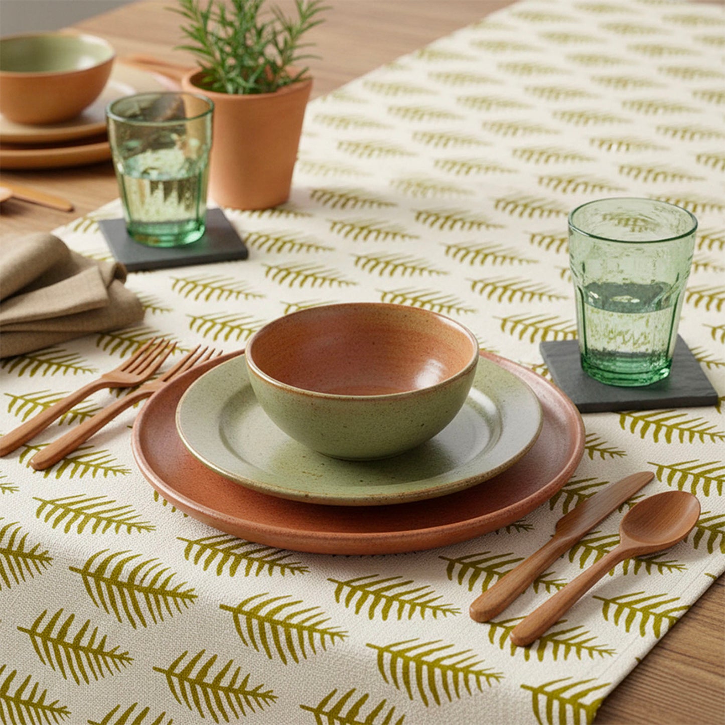 African Leaf Yellow Ochre on Beige Table Runner