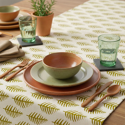 African Leaf Yellow Ochre on Beige Table Runner