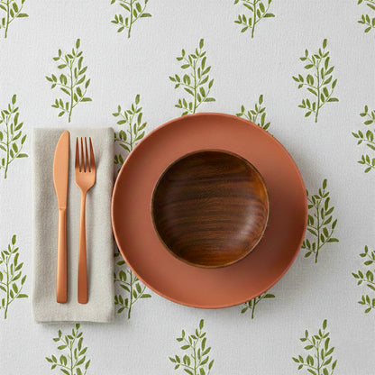 Foliage Green on White Tablecloth