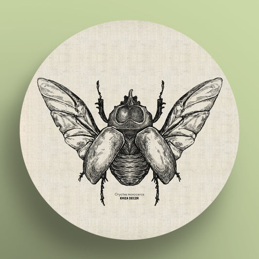 Rhino Beetle Monochrome Round Canvas