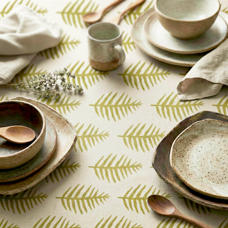 African Leaf Yellow Ochre on Beige Tablecloth