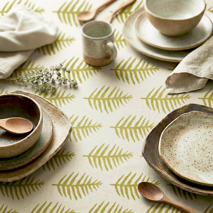 African Leaf Yellow Ochre on Beige Tablecloth