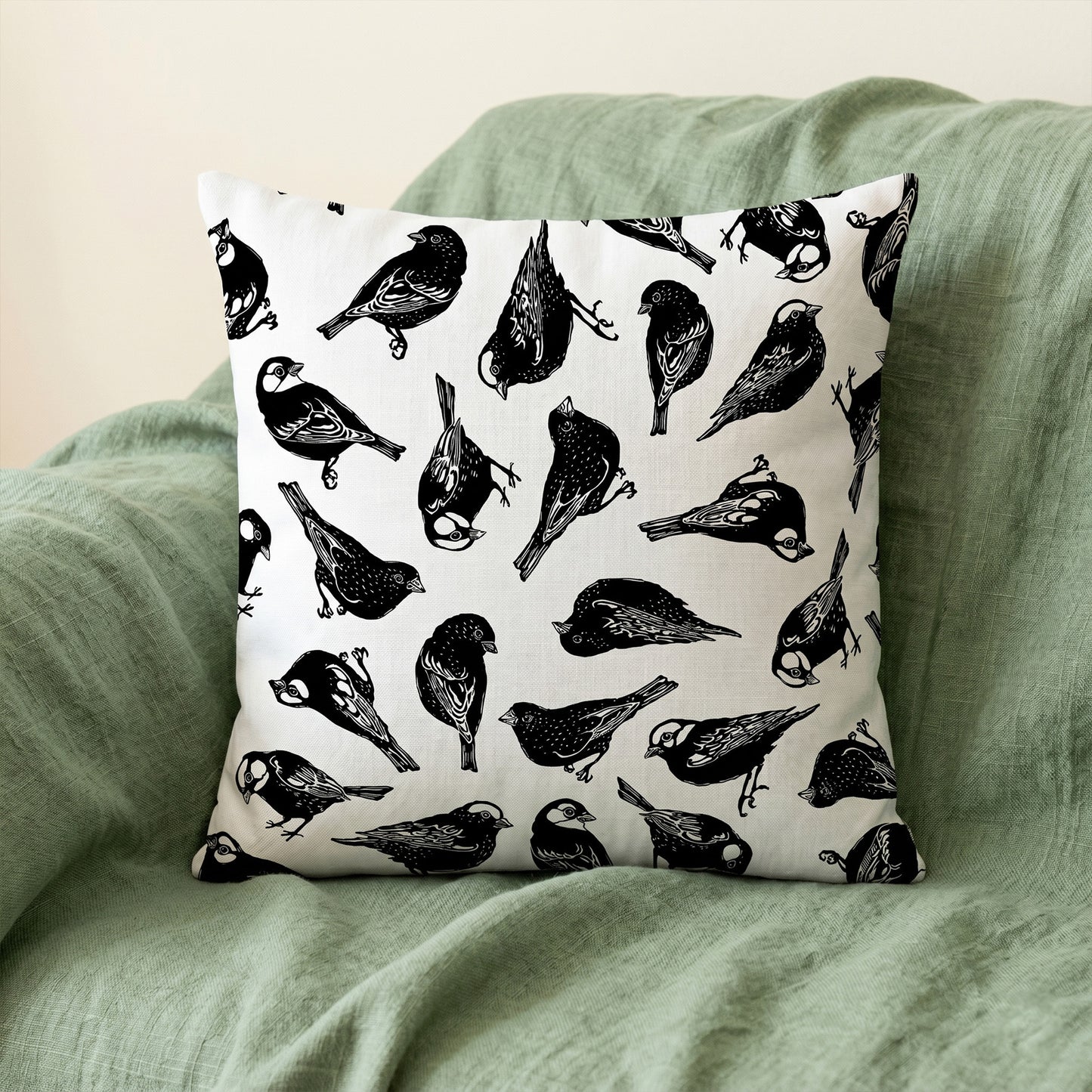 Sparrow Monochrome on White Scatter Cushion Cover